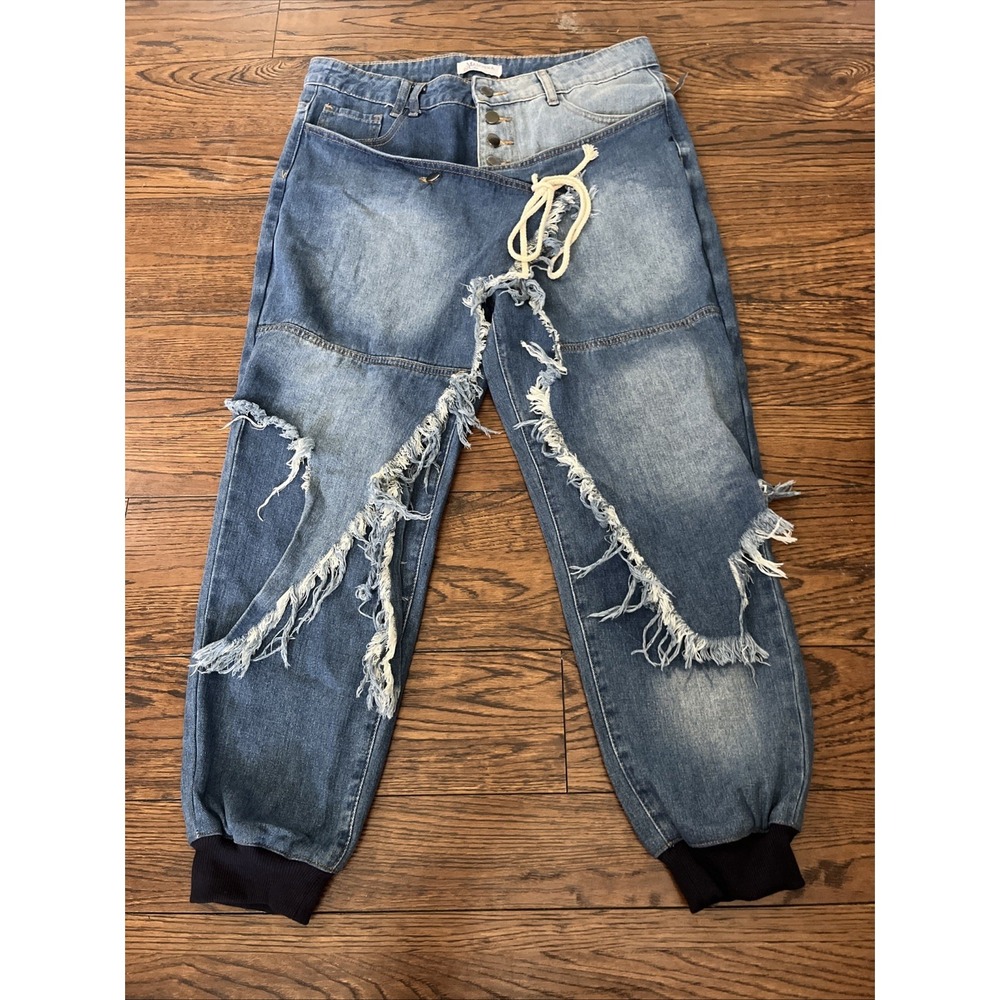 Madonna & Co Denim Jeans W/ Skirt Overlay XL Distressed Cinched Ankle $139 MSRP - Picture 3 of 12